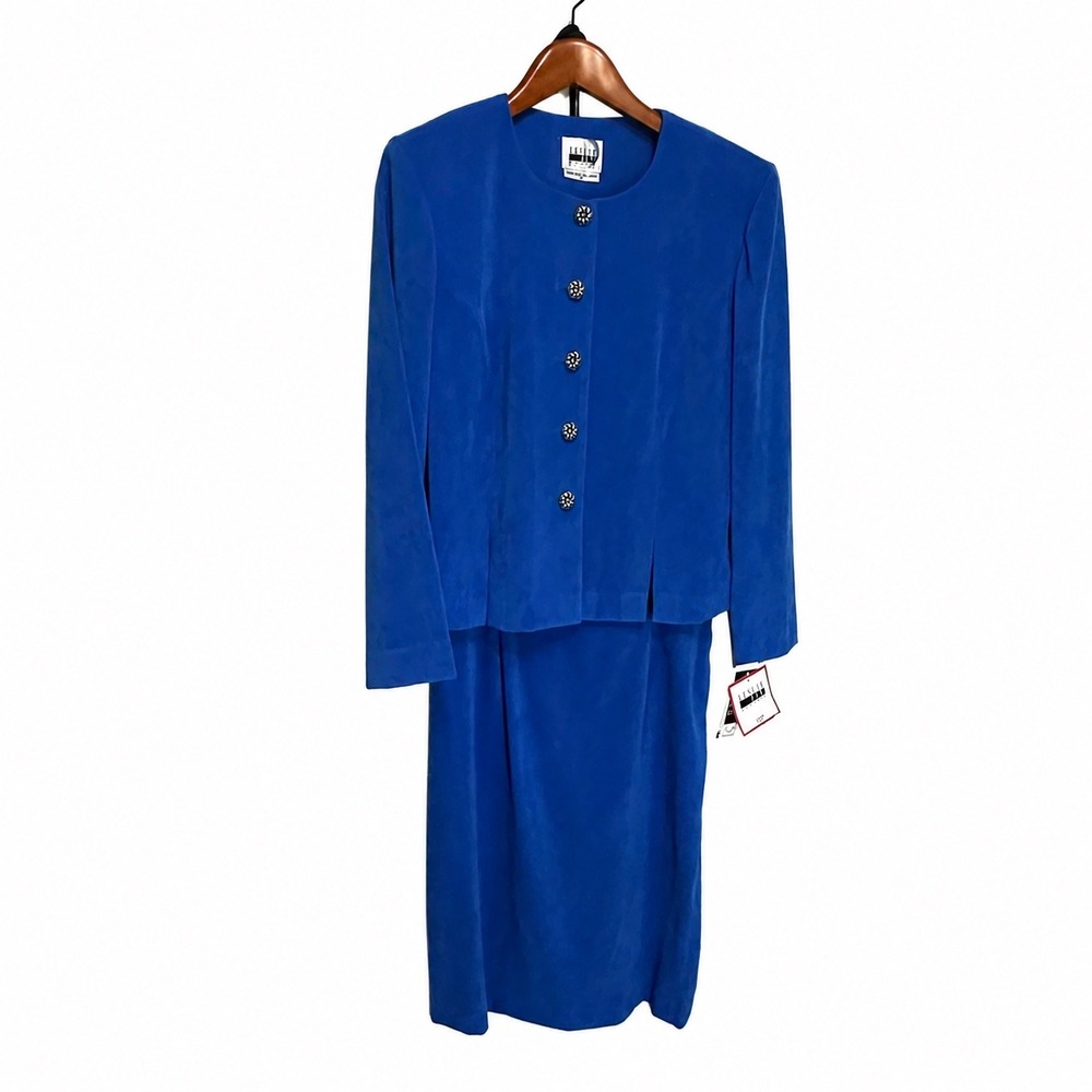 Leslie Fay Petite Royal Blue Skirt Suit Set Vintage Style Button Front 12P NWT